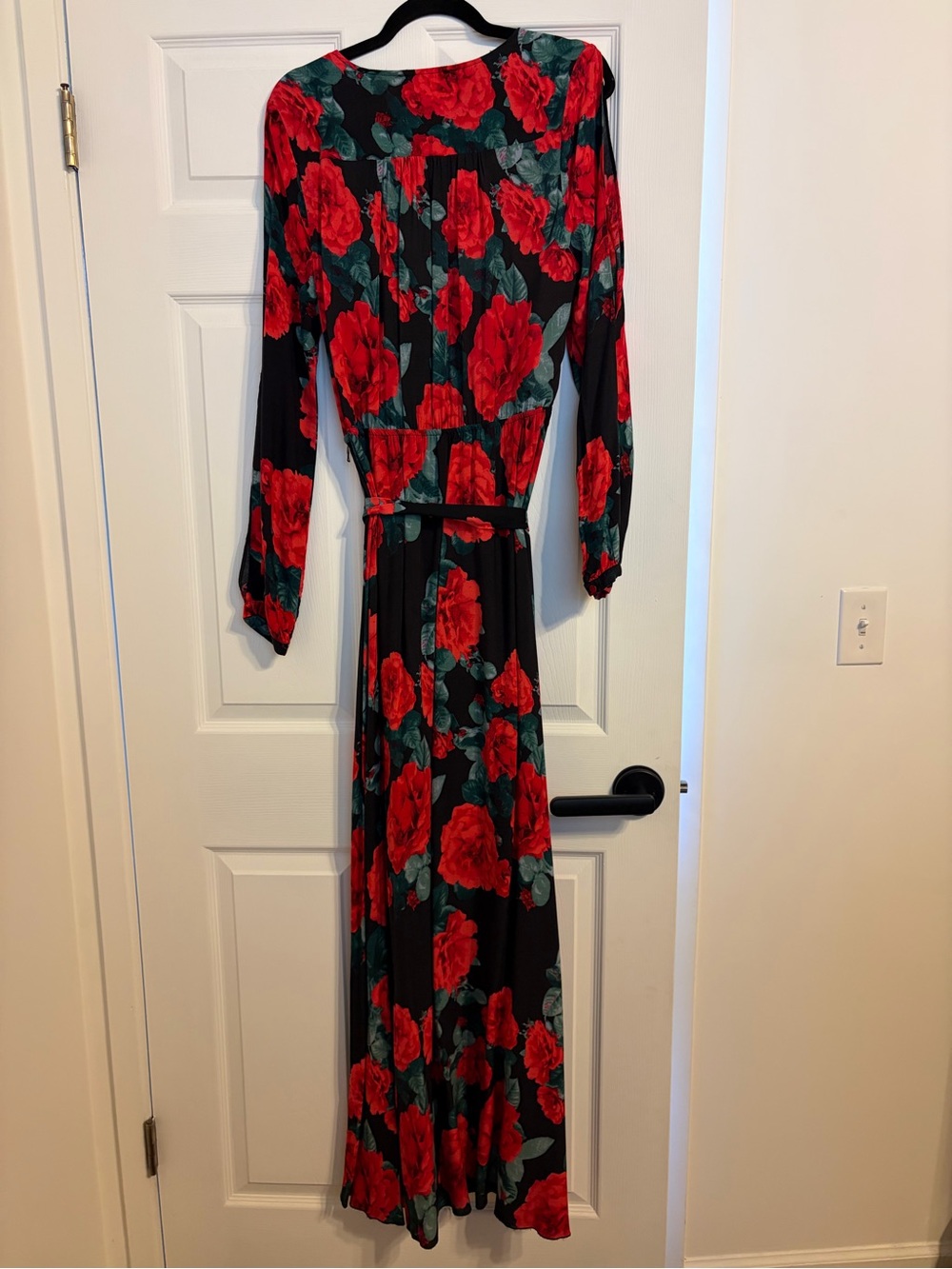 Lulu's Black Maxi Wrap Dress with Red Roses and Green Leaves - Picture 6 of 6